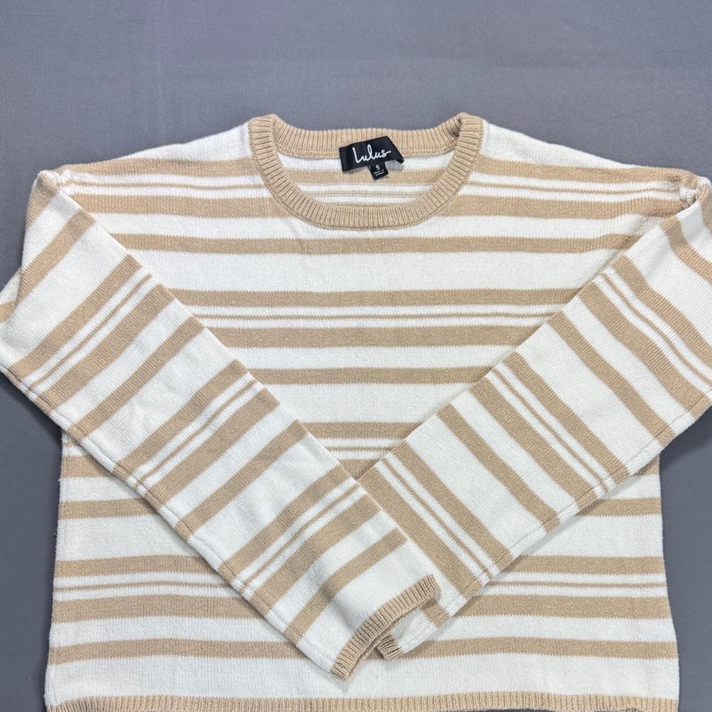 Lulu's Beige and White Striped Knit Sweater Relaxed Fit Drop Shoulder Small